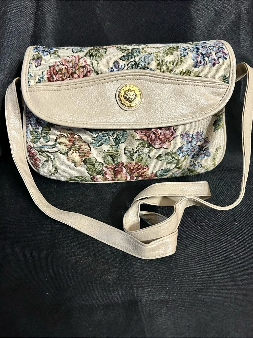 Mitzi Vintage Women’s Cream Floral Tapestry Crossbody Bag with Gold Accent
